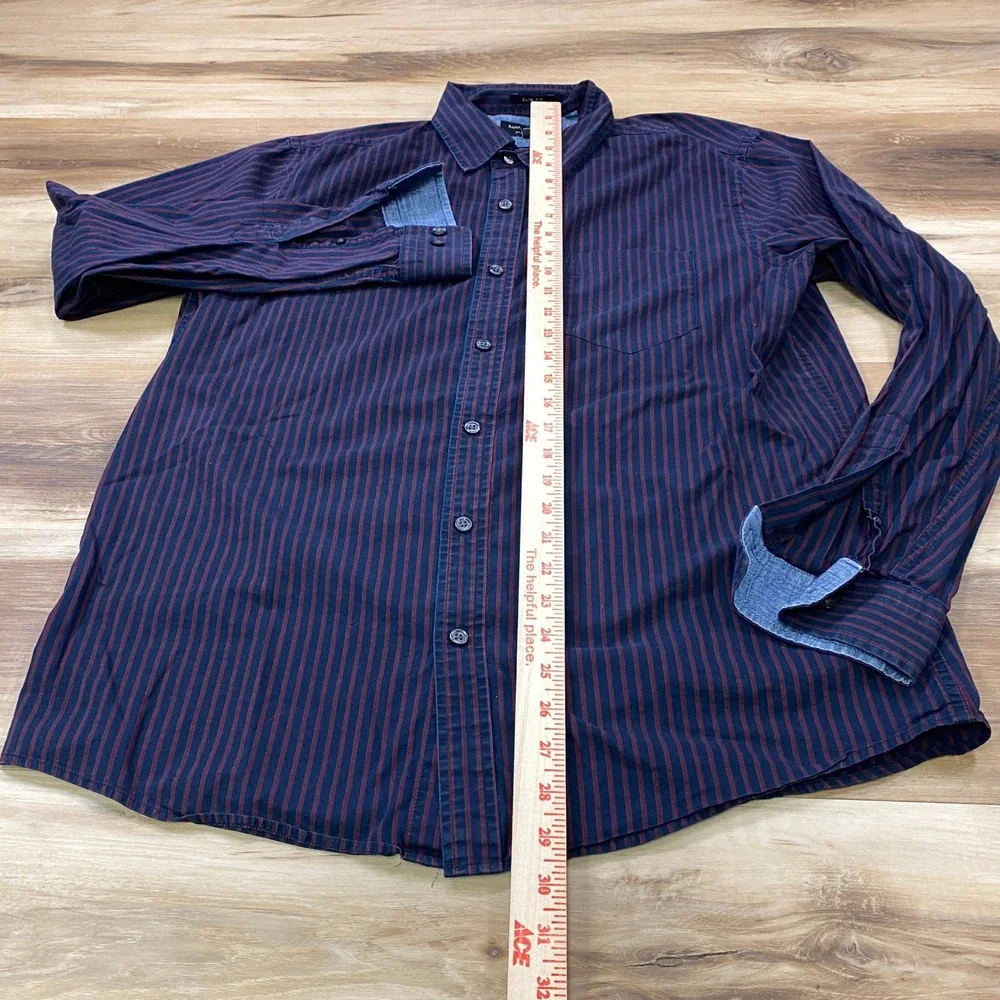 Banana Republic Button Down Men L Stretch Soft Wash Slim Navy Burgundy Stripe
